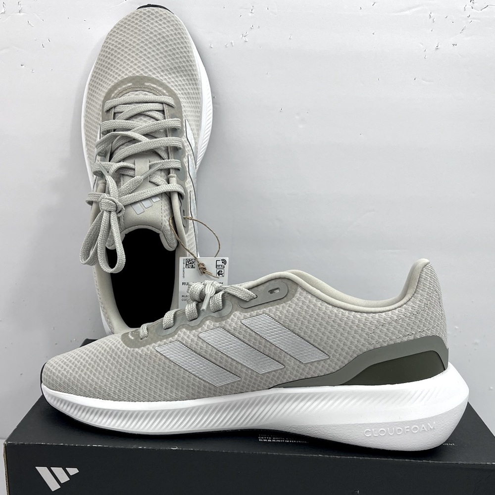 ADIDAS RUNFALCON RUNNING SHOES, GREY/TOPE, SILVER LOGO, MEN’S 10, CLOUD FOAM